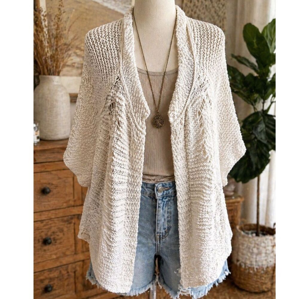 Boho Open Crochet Cardigan White Short Sleeve Coastal Cottagecore Lightweight 2X